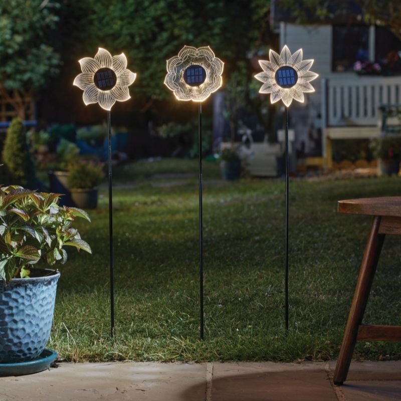 3Pk BloomLine Flower Solar Powered Stakes 3 Stunning Designs Garden Stake Lights