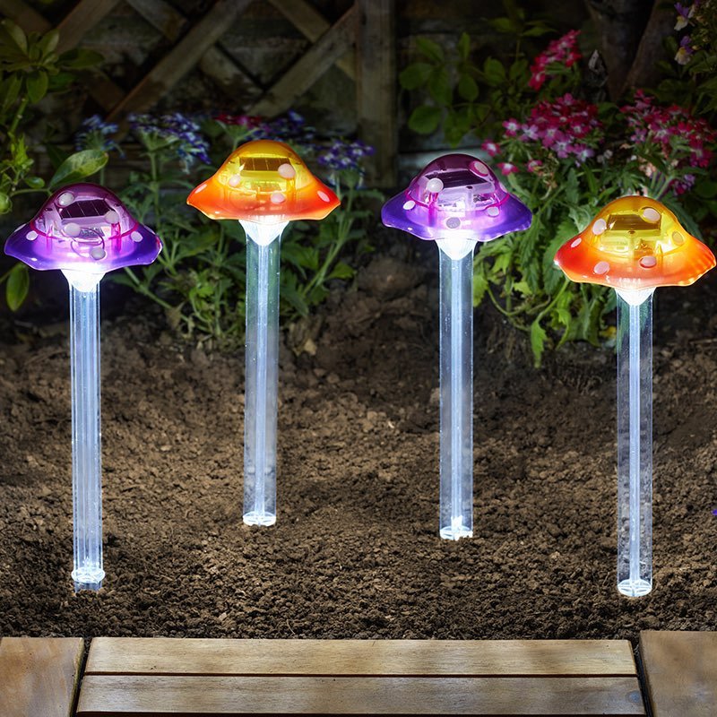 4Pk Funky Fungus Stake Lights Solar Powered Mushroom Stake Light Garden Lighting