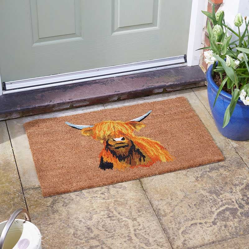 Highland Cow Design Natural Coir Doormat Indoor & Outdoor Mat 75 x 45cm