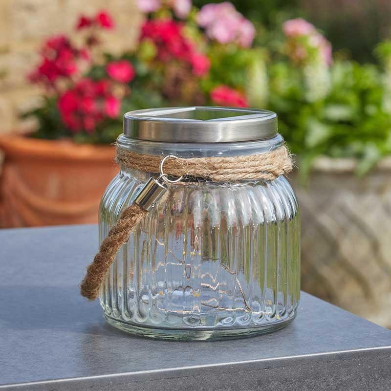 Firefly Solar Powered Vintage Rope Handle Glass Jar Garden Light Table