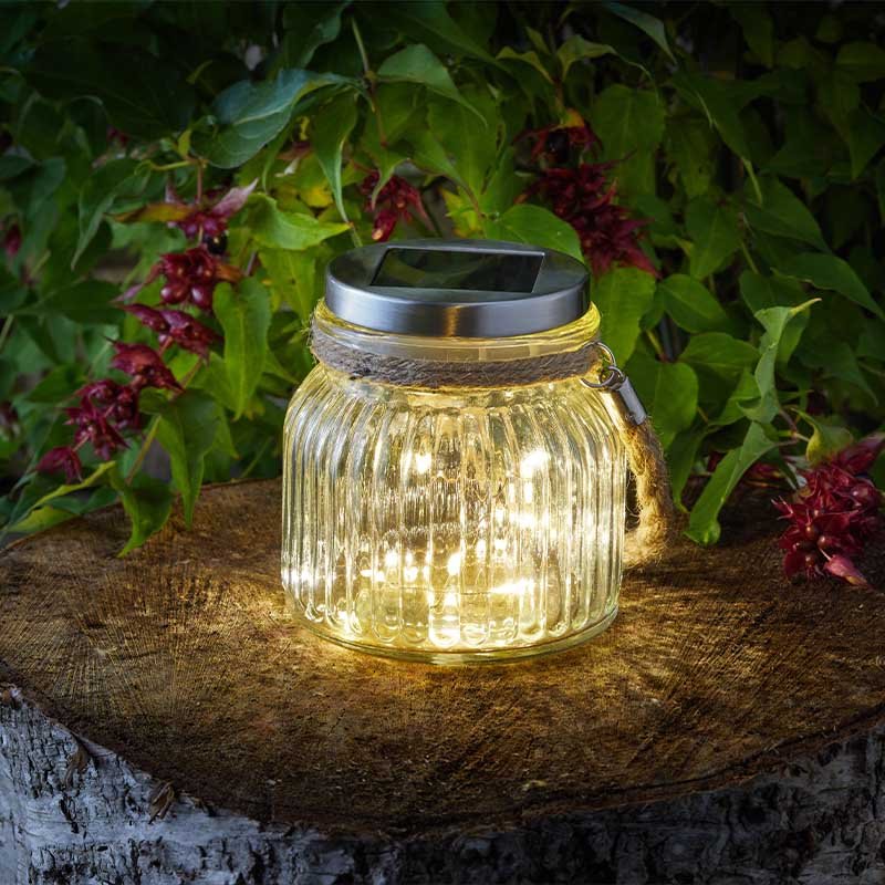 Firefly Solar Powered Vintage Rope Handle Glass Jar Garden Light Table