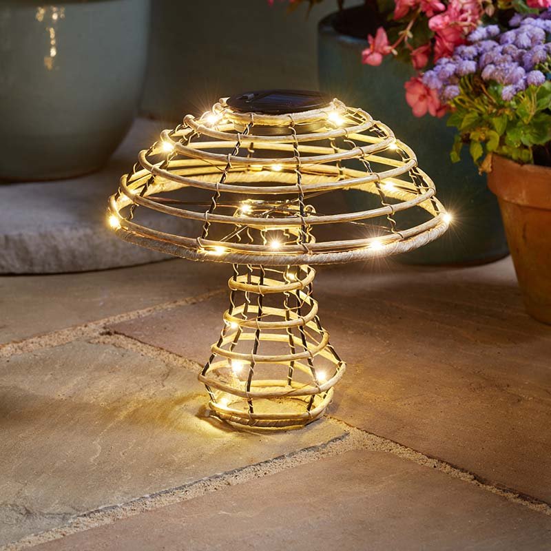 Glow Cap Large Rattan Light Up Mushroom Solar Powered Garden Decor