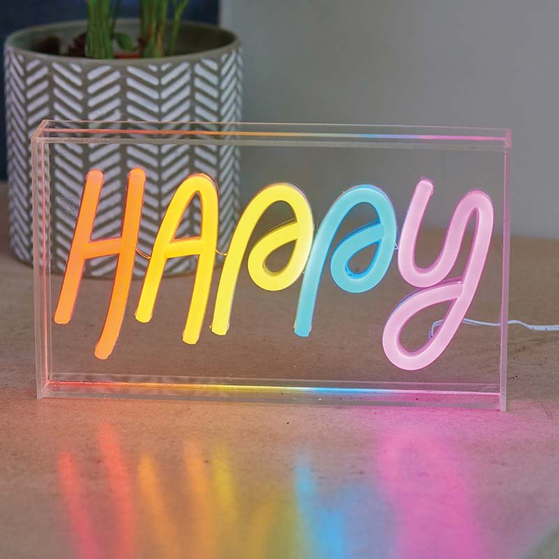 Happy Free Standing Neon Bright Coloured Sign Fun Cheerful Home Indoor Decor USB