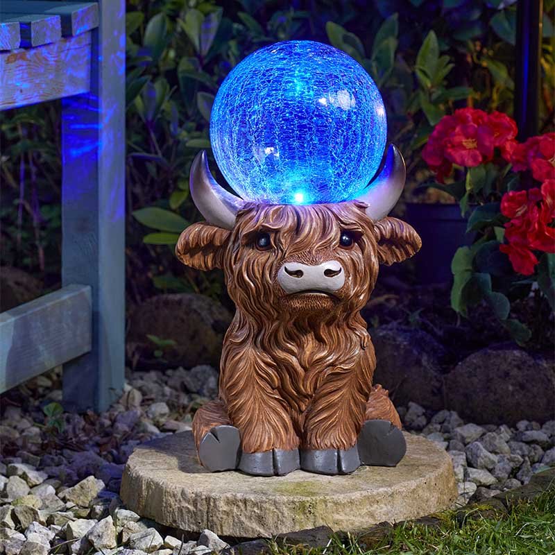 Adorable Highland Cow Large Light Up Garden Ornament Solar Power Colour LED Orb