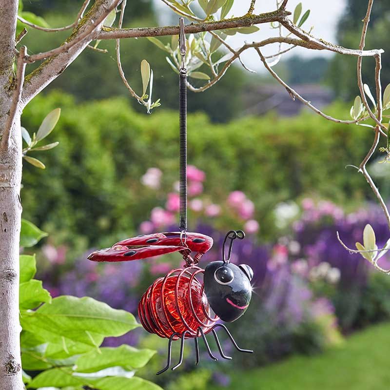 Bouncing Lady Bug Hanging Solar Powered Fun LED Decorative Ladybird Garden Light