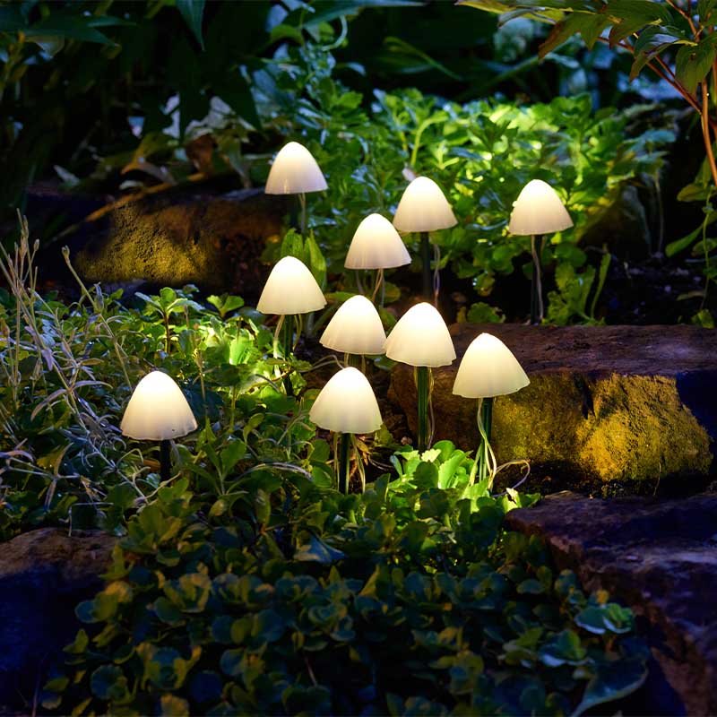 Set Of 10 Lumi Shrooms Solar Powered Fun Mushroom Garden String Stake Outdoor Lighting