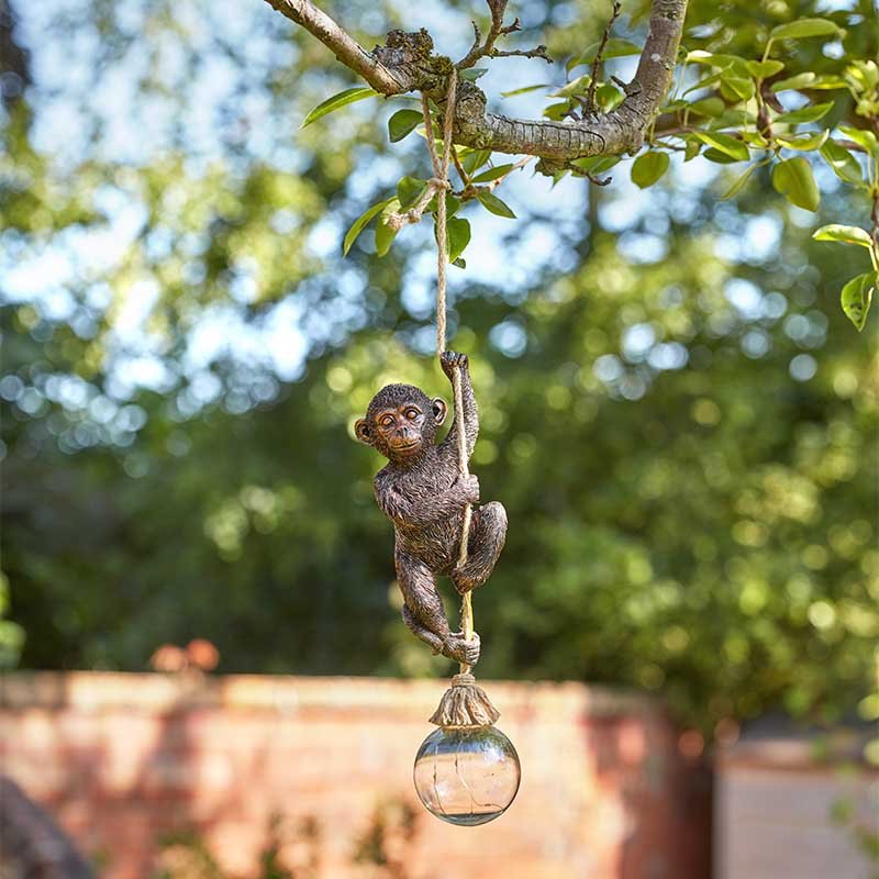 Cute Monkey On Rope Light Up Hanging Garden Ornament Solar Gazing Ball LED
