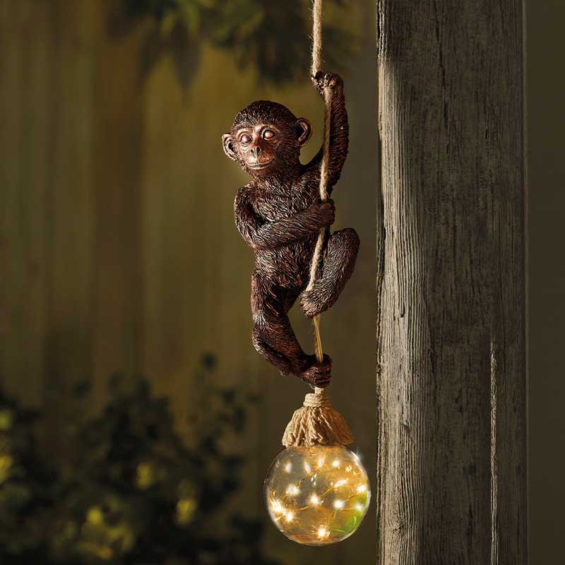 Cute Monkey On Rope Light Up Hanging Garden Ornament Solar Gazing Ball LED