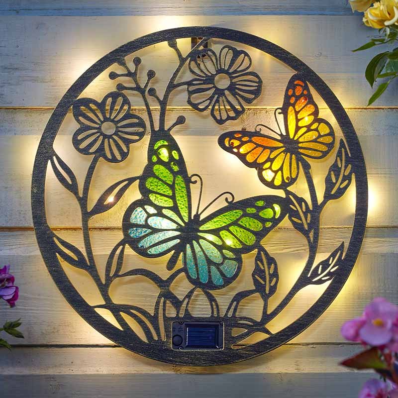 Papillon Decor Disc Garden Light Up Wall Art Pretty Butterfly Metal Outdoor Art