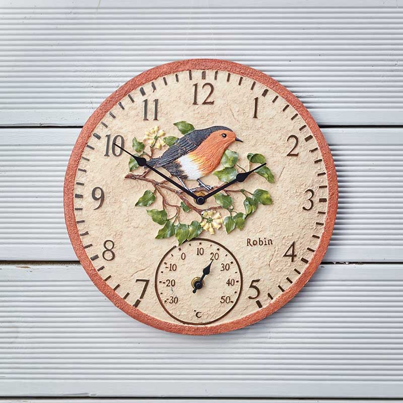 Robin Clock 12in Detailed Garden Wall Clock And Thermometer Outdoor Smart Garden