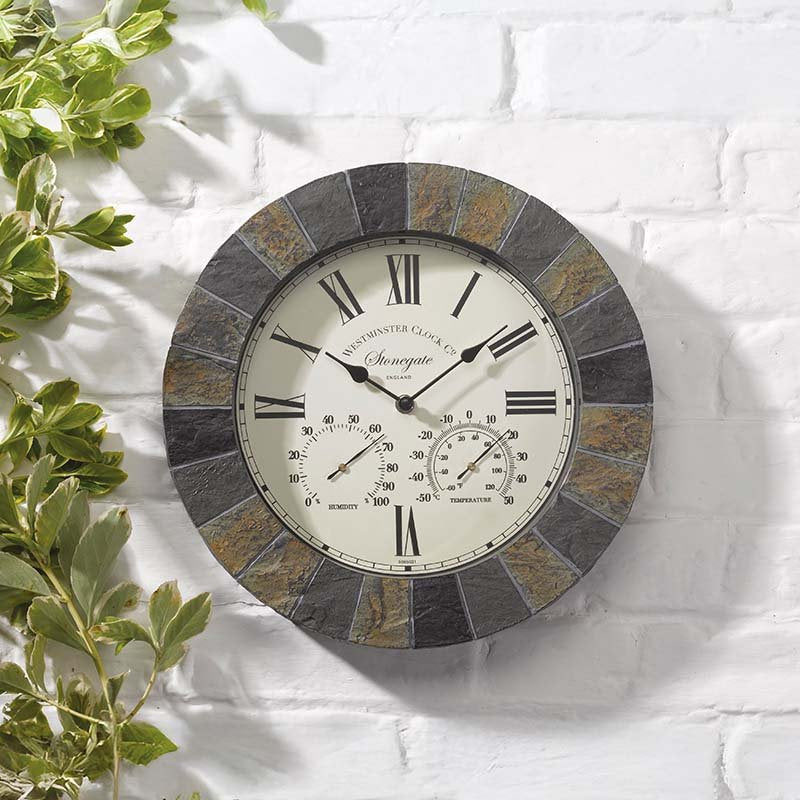 Stonegate Wall Clock & Thermometer 14" Slate Effect Outside-In By Smart Garden